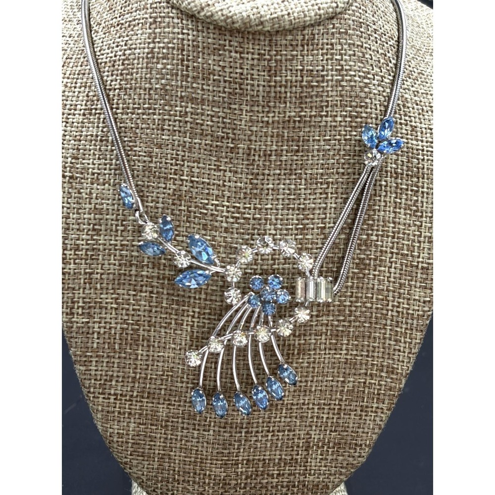 Krementz Vintage 14k White Rolled Gold Blue and Clear Rhinestone Necklace MIB